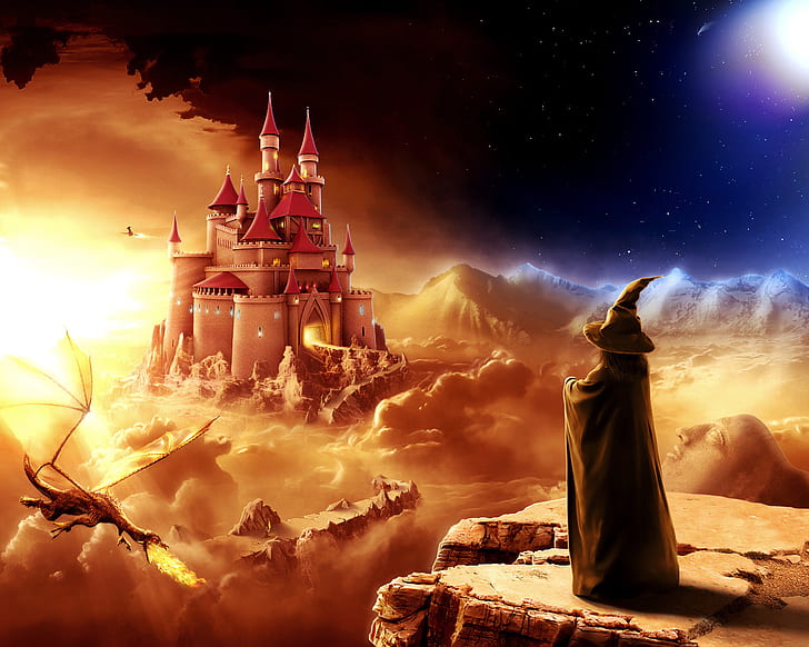 Wizard Castle Dragon HD, fantasy, smok, zamek, czarodziej, Tapety HD