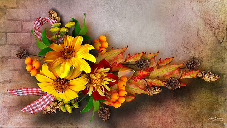 Fall Bouquet For You, bows, vintage, ribbons, fall, thistles, leaves, fleurs, swag, flowers, bouquet, seed pods, sunflower, HD wallpaper
