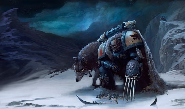 bear and warrior digital wallpaper, snow, mountains, claws, wolves, Warhammer, Space Wolves, space Marines, 40k, hormagaunt, Tyranid, HD wallpaper