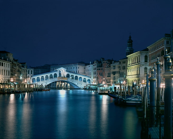 Cities, Venice, Bridge, Canal, City, Gondola, Italy, Light, Night, Rialto Bridge, River, HD wallpaper