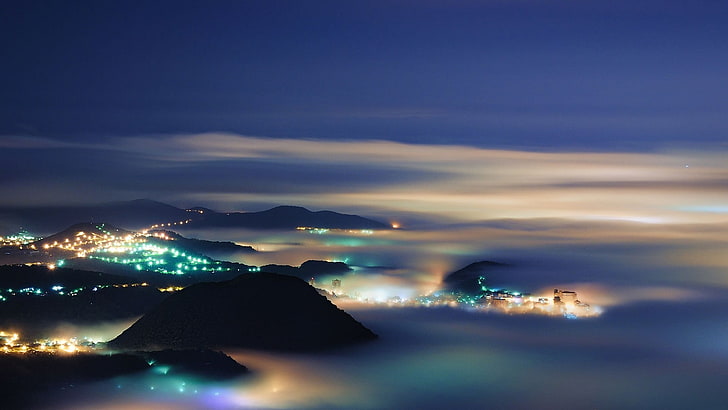 горы в ночное время, природа, пейзаж, вечер, огни, город, туман, Тайбэй, горы, облака, ночь, огни города, голубой, холмы, HD обои