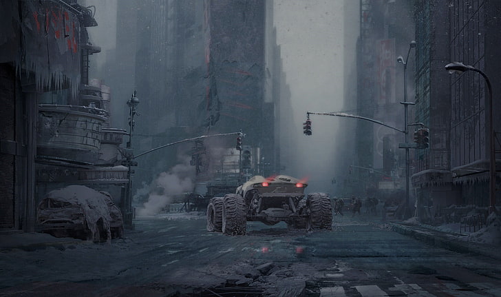 graue Fahrzeug digitale Tapete, Stadt, futuristisch, Kunstwerk, Science Fiction, HD-Hintergrundbild