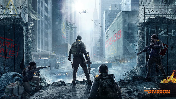 Tom Clancy's The Division, tom clancy's the division cover poster, logo, snow, sky, armor, city, house, weapons, equipment, Ubisoft, birds, helicopter, destruction, Tom Clancy's The Division, a team, men, walls, HD wallpaper