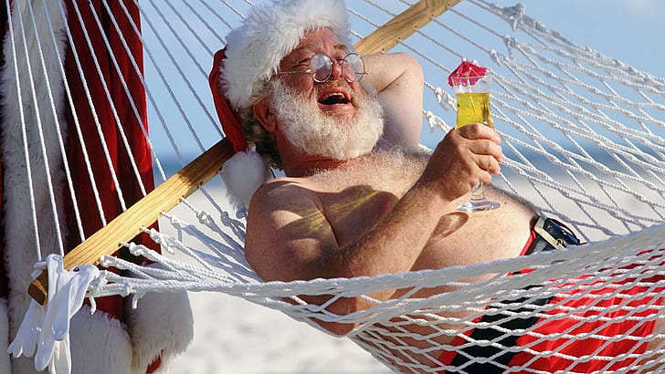 Święty Mikołaj, hamaki, koktajle, wakacje, humor, bez koszuli, światło słoneczne, Tapety HD