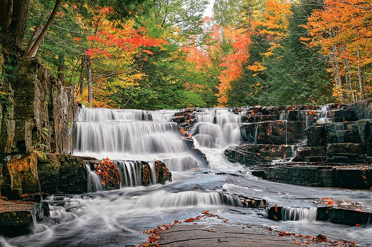 autumn, forest, river, Michigan, waterfalls, cascade, Водопады Кварцит, Река Слейт, Quartzite Falls, Slate River, HD wallpaper