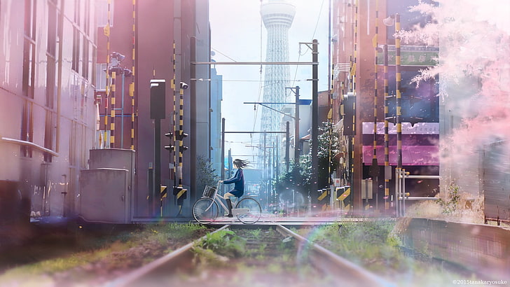 train, bicycle, city, HD wallpaper