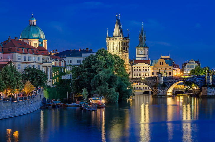 светлини, река, вечерта, Прага, Чехия, Карлов мост, HD тапет