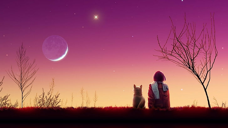 Anime, Anime Boys, Abenddämmerung, Mond, Hund, HD-Hintergrundbild