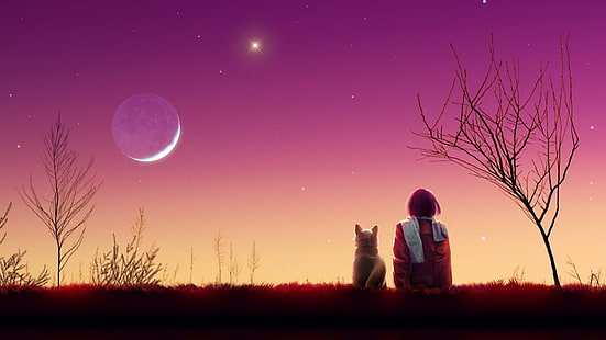 anime, chłopcy z anime, zmierzch, księżyc, pies, Tapety HD HD wallpaper