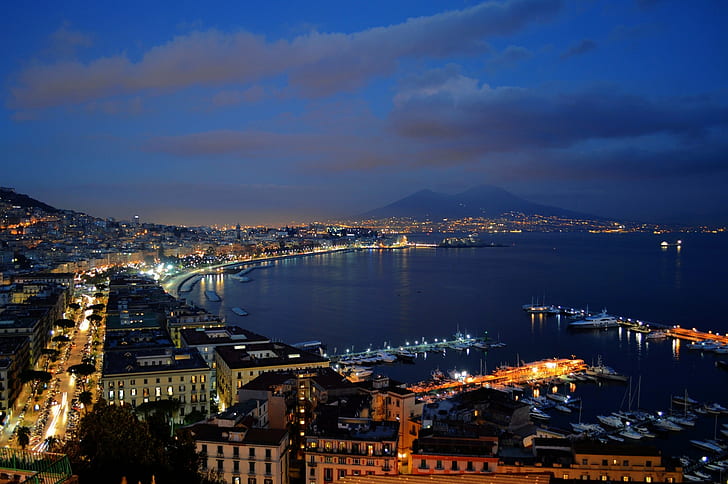 Napoli, şehir, cityscape, Vezüv Yanardağı, şehir ışıkları, limanlar, sahil, HD masaüstü duvar kağıdı