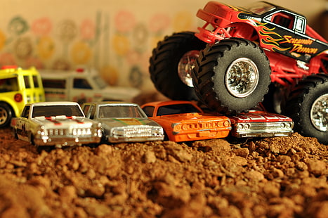 assorted-color vehicle toys, Hot Wheels, Matchbox, monster trucks, toys, car, vehicle, HD wallpaper HD wallpaper