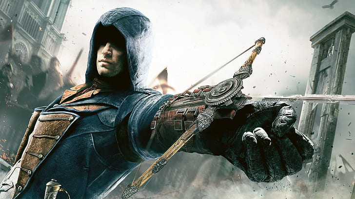 Assassin's Creed: Enhet, mördare, mördare trosbekännelse, himmel, byggnad, huva, människor, armbåge, Arno, mördare, hand, Assassin's Creed: Enhet, mördare, Ubisoft har, HD tapet