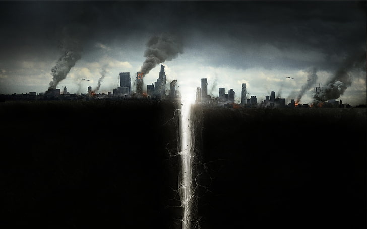 destruction of city buildings digital wallpaper, the city, smoke, helicopters, disaster, skyscrapers, poster, crack, San Andreas, Fault San Andreas, in the land, HD wallpaper