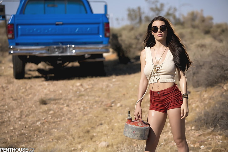 white crop top and red short shorts, Lana Rhoades, women with glasses, jean shorts, vehicle, women, model, Penthouse, HD wallpaper