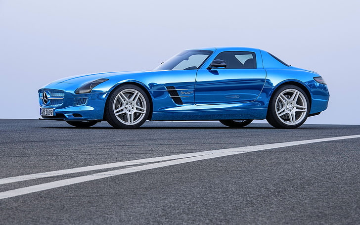 Mercedes-Benz, Blue, Mercedes, Asphalt, Car, AMG, Coupe, SLS, Chrome, Side view, HD wallpaper