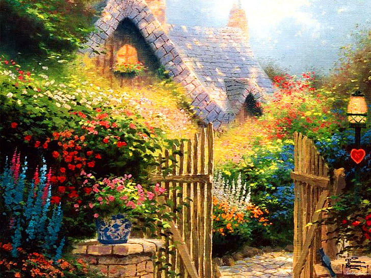 Beautiful Small House, brown wooden gate, cozy, calmness, colorful, pretty, summer, painting, lovely, cabin, nice, gate, beautiful, flowers, HD wallpaper