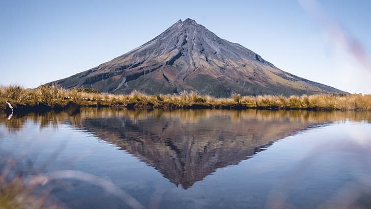 photography, reflection, water, New Zealand, Mount Taranaki, HD wallpaper
