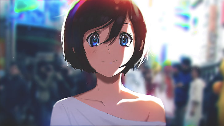 Anime girl, światło słoneczne, uśmiechnięta, krótkie włosy, niebieskie oczy, portret twarzy, anime, Tapety HD