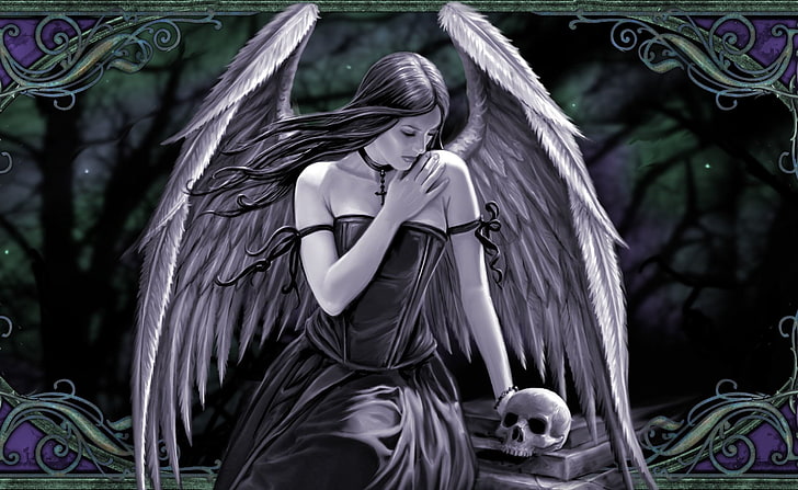 Тъмно, готическо, ангел, фентъзи, момиче, череп, крила, жена, HD тапет