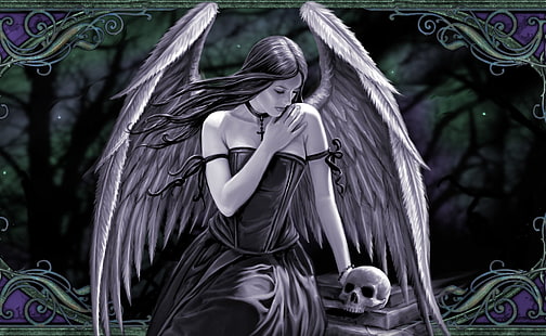 Mörk, gotisk, ängel, fantasi, flicka, skalle, vingar, kvinna, HD tapet HD wallpaper