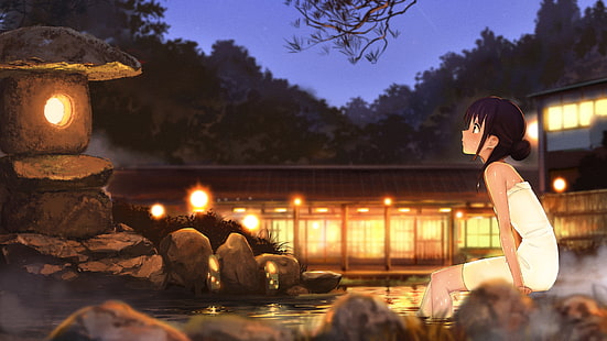 anime girls, hot spring, HD wallpaper HD wallpaper