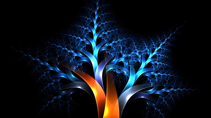 symmetry, interweaving, abstract art, branch, electric blue, abstraction, abstract, plant, graphics, digital art, trees, interweave, close up, darkness, artwork, light, fractal art, HD wallpaper