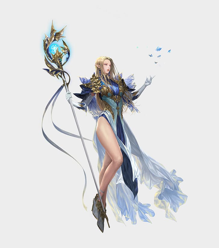 Daeho Cha, drawing, women, blonde, long hair, dress, fantasy art, weapon, staff, floating, simple background, white background, HD wallpaper