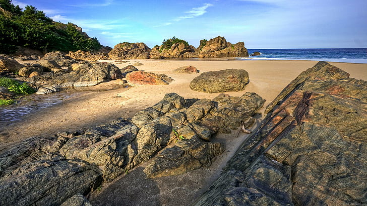 Roc en la playa, rocas de arena durante el día, roc, paisaje, playa, arena, mar, Fondo de pantalla HD