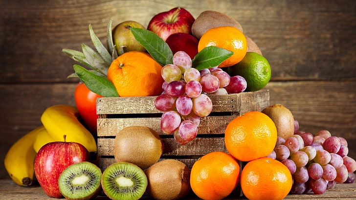 Fruits, Fruit, Apple, Banana, Food, Grapes, Kiwi, orange (Fruit), HD wallpaper