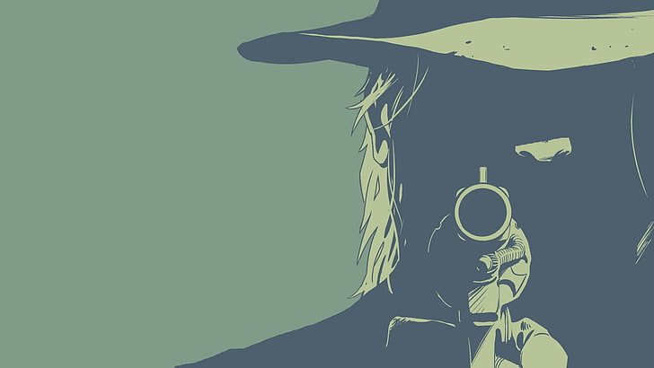 illustration av person med revolver, minimalism, revolver, cowboys, green, East of West, Four Horsemen of the Apocalypse, death, Image Comics, HD tapet