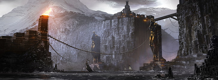 Dragon Age 2 Concept Art, цифрови тапети за видеоигри, игри, Dragon Age, град, дракон, концепция, kirkwall, HD тапет