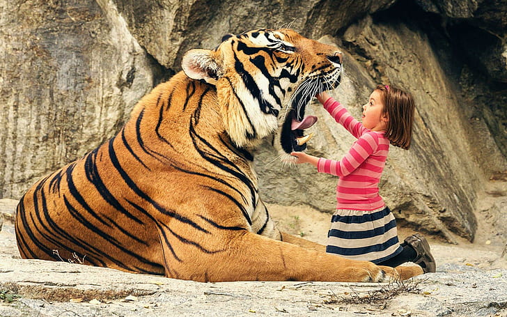 Say aah tiger, funny, tiger, girl, HD wallpaper