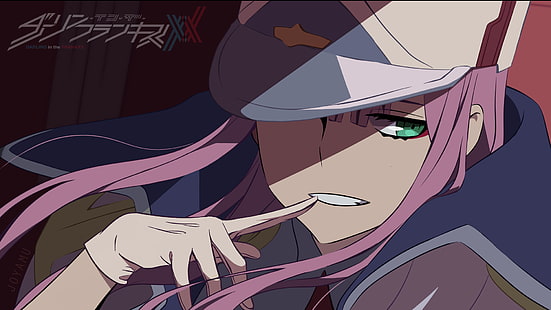 Anime, Darling in the FranXX, Girl, Green Eyes, Hat, Pink Hair, Smile, Zero Two (Darling in the FranXX), Fondo de pantalla HD HD wallpaper