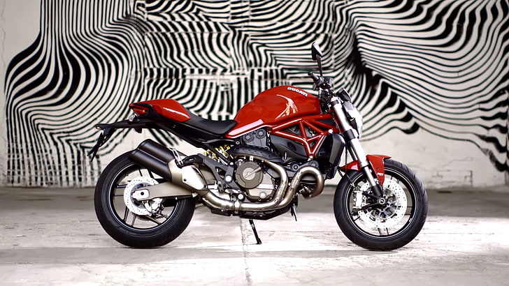 red standard motorcycle, Ducati, Ducati Monster 821, motorcycle, motorcyclist, red, stripes, HD wallpaper