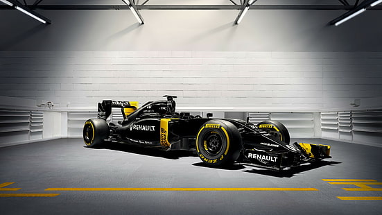 검정색과 노란색 Renault 쿠페, Renault R.S.16, Formula 1, 테스트, 바르셀로나에서 생방송, F1, HD 배경 화면 HD wallpaper