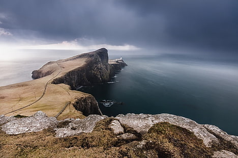 gray cliffs, Neist Point, lighthouse, storm, island, sea, clouds, cliff, rock, nature, landscape, Scotland, UK, HD wallpaper HD wallpaper