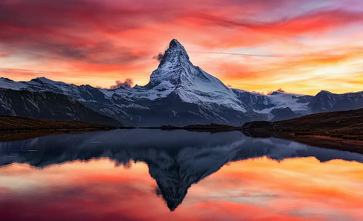 the sky, clouds, reflection, sunset, mountains, lake, rocks, paint, the evening, Alps, top, Matterhorn, The Pennine Alps, HD wallpaper