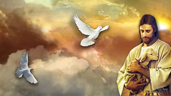 Jesus The Lamb, believe, lamb, doves, easter, christian, religion, clouds, jesus, animals, HD wallpaper