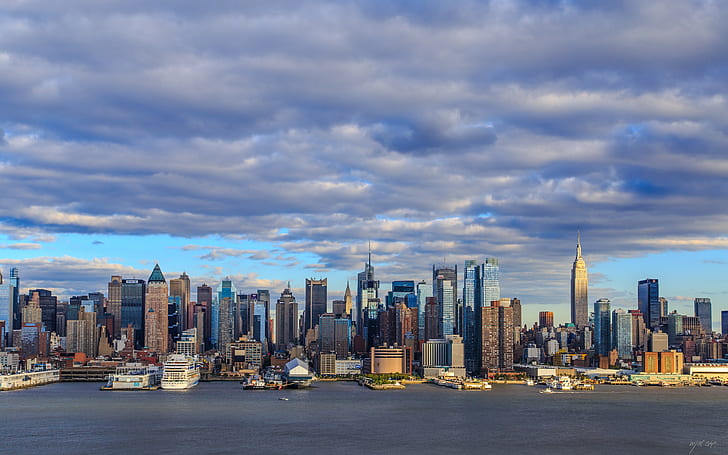 градски пейзаж, сграда, море, облаци, Ню Йорк, HD тапет