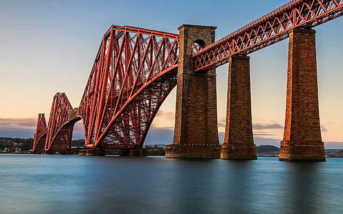 red metal and concrete bridge, bridge, architecture, water, sea, Forth Bridge, Scotland, Edinburgh, UK, long exposure, HD wallpaper HD wallpaper