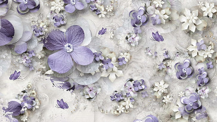 Фиолетовые бумажные цветы, бриллианты, белые, фиолетовые бабочки, лаванда, бабочка, цветы, абстракция, посыпать, лето, 3d и, HD обои