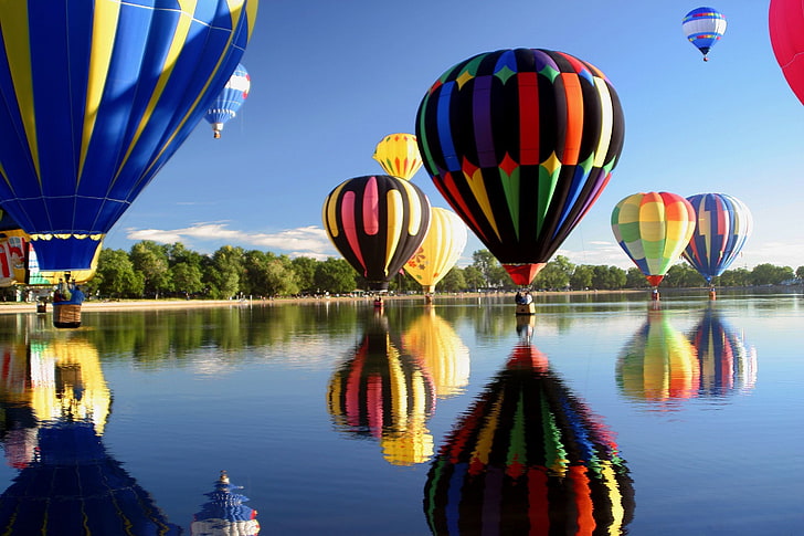 Colorful, Hot Air Balloons, river, HD wallpaper
