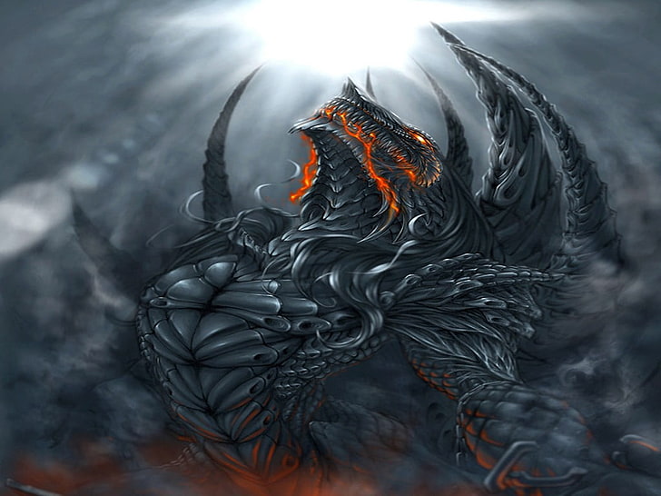 ilustracja postaci czarnego potwora, grafika, smok, sztuka fantasy, Tapety HD