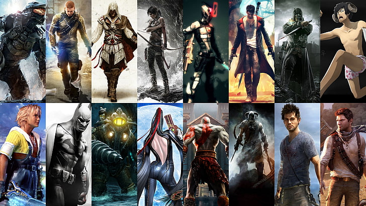 assorted game characters collage, assorted-character video game wallpaper photo, Master Chief, Ezio Auditore da Firenze, Lara Croft, Borderlands 2, Devil May Cry, Dishonored, Final Fantasy, Batman, BioShock 2, The Elder Scrolls V: Skyrim, Batman: Arkham City, collage, Halo, Halo 4, Tomb Raider, Assassin's Creed, BioShock, inFamous, video games, PlayStation 3, Xbox 360, computer, Far Cry 3, Uncharted 3: Drake's Deception, Jason Brody, Zer0, Dovakhiin, Catherine, Vincent Brooks, Bayonetta, Kratos, HD wallpaper