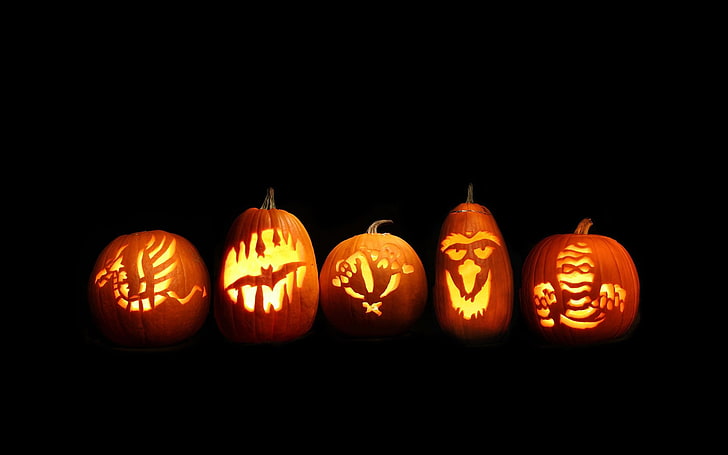 cinco linternas tipo Jack-o-lanterns, calabaza, Halloween, minimalismo, Fondo de pantalla HD