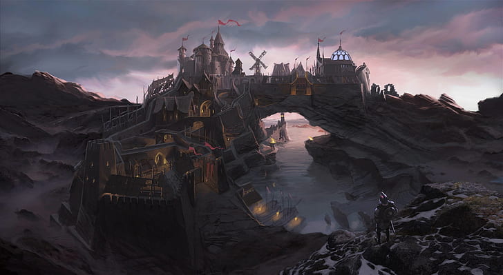 The Elder Scrolls V: Skyrim, concept art, The Elder Scrolls, artwork, Dovakhiin, dragonborn, fantasy city, fantasy town, Fond d'écran HD