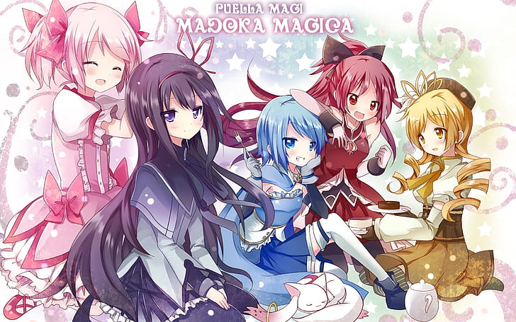 Anime, Anime Girls, einfacher Hintergrund, Mahou Shoujo Madoka Magica, Kaname Madoka, Tomoe Mami, Sakura Kyoko, weißer Hintergrund, Akemi Homura, Fankunst, Miki Sayaka, HD-Hintergrundbild