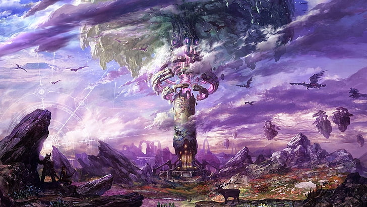 фиолетовые облака на вершине башни, тера, тера онлайн, фэнтези арт, видеоигры, HD обои