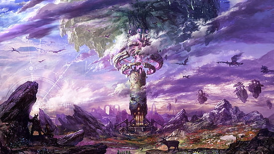 фиолетовые облака на вершине башни, тера, тера онлайн, фэнтези арт, видеоигры, HD обои HD wallpaper