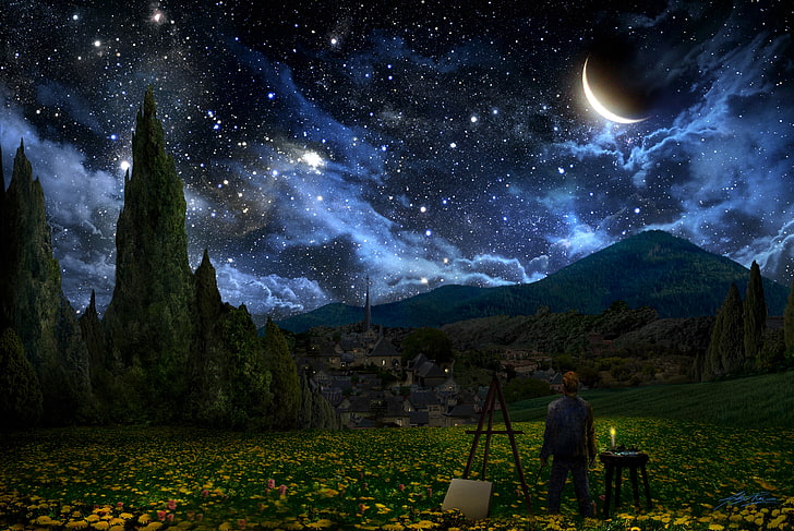 pohon hijau, Vincent van Gogh, The Starry Night, bulan sabit, pelukis, bintang, pemandangan, Wallpaper HD